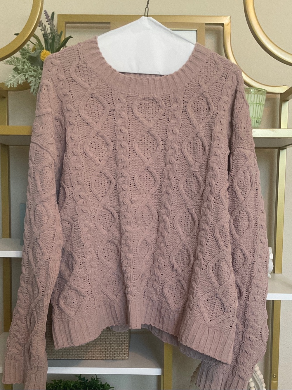 POL Dusty Rose Cable Knit Crewneck Sweater